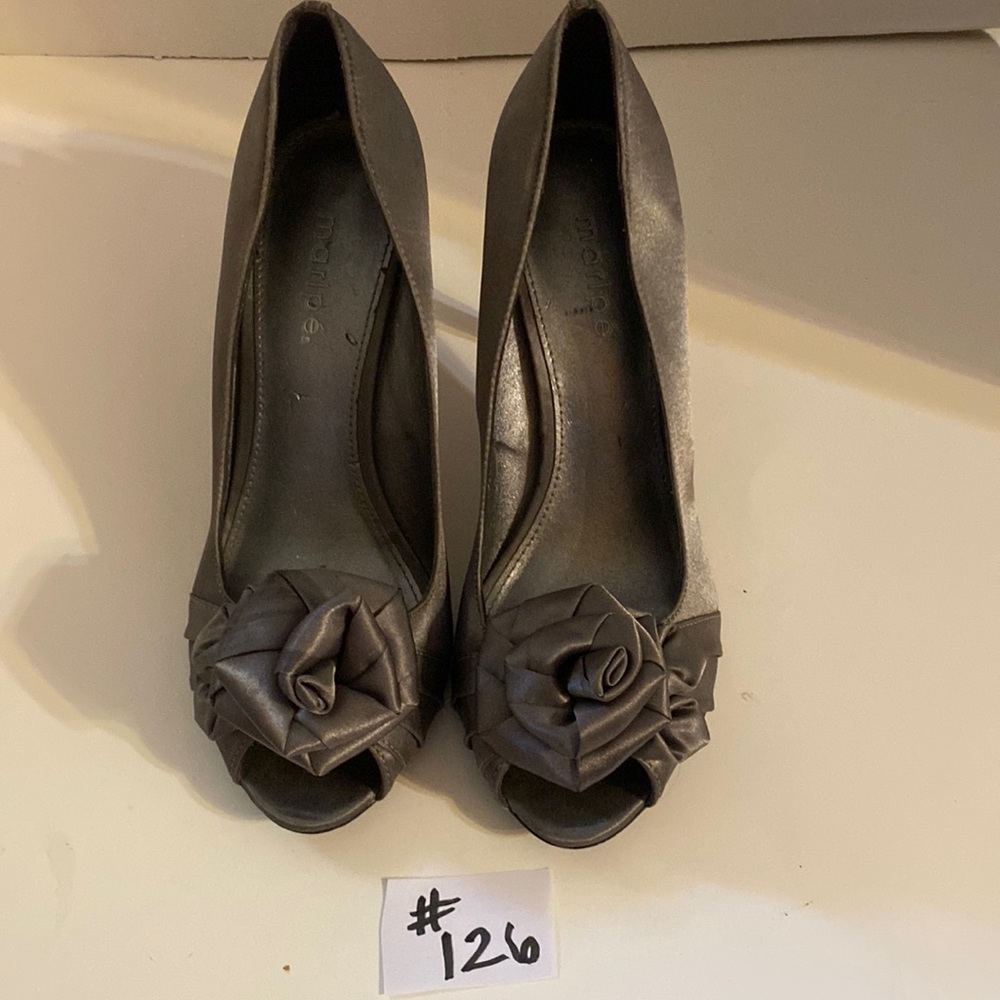 Maripe silver satin heels size 8. Heel height 3.5 inches.